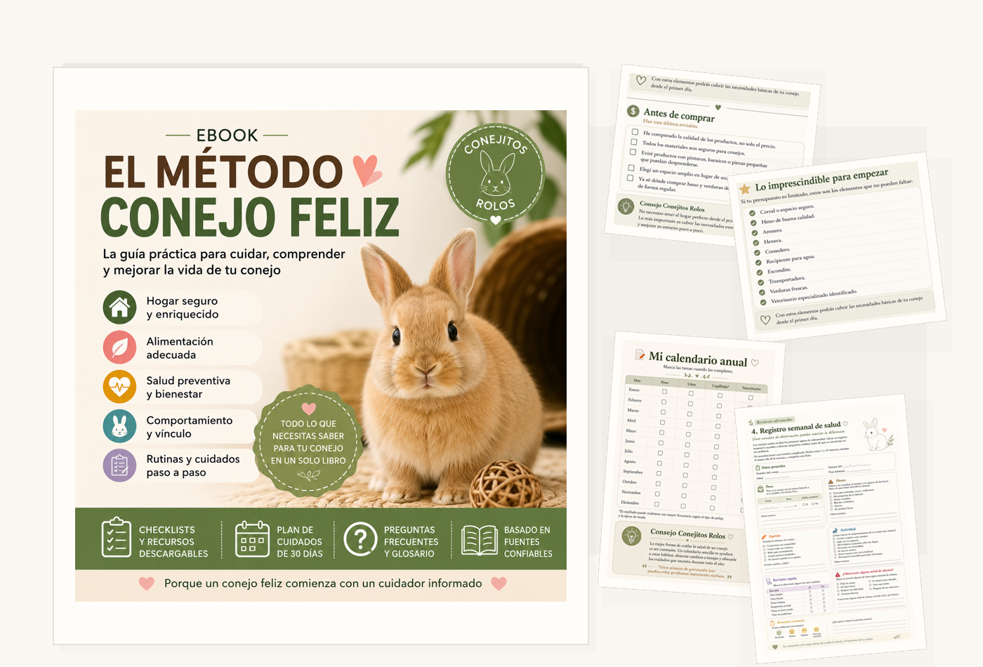 Vista compuesta del ebook El Metodo Conejo Feliz con sus bonos incluidos