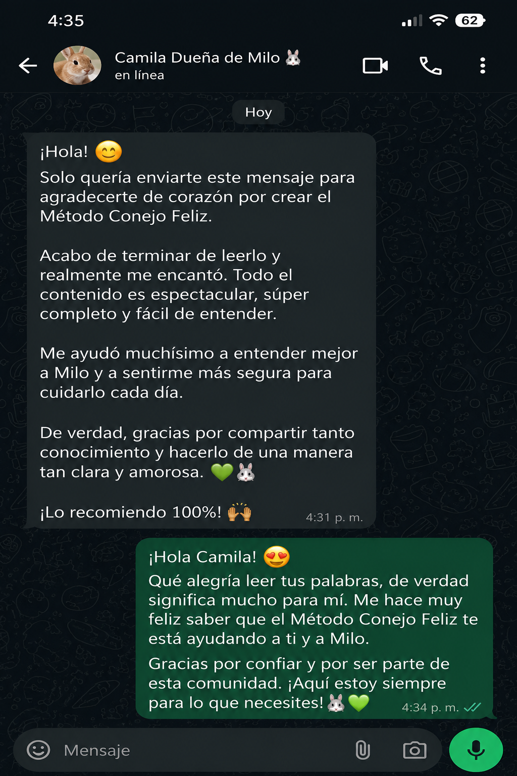 Testimonio de Camila, duena de Milo, sobre el ebook El Metodo Conejo Feliz