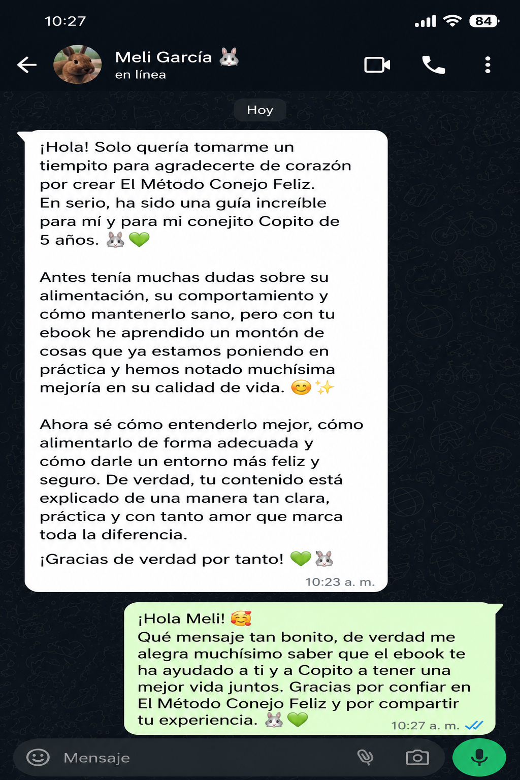 Testimonio de Meli Garcia sobre el ebook El Metodo Conejo Feliz